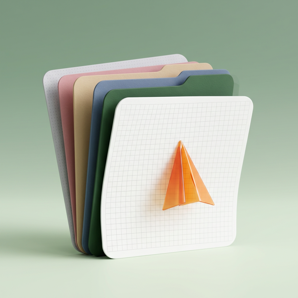 Dossiers de couleurs empilés, une feuille quadrillée devant et un avion en papier orange posé dessus